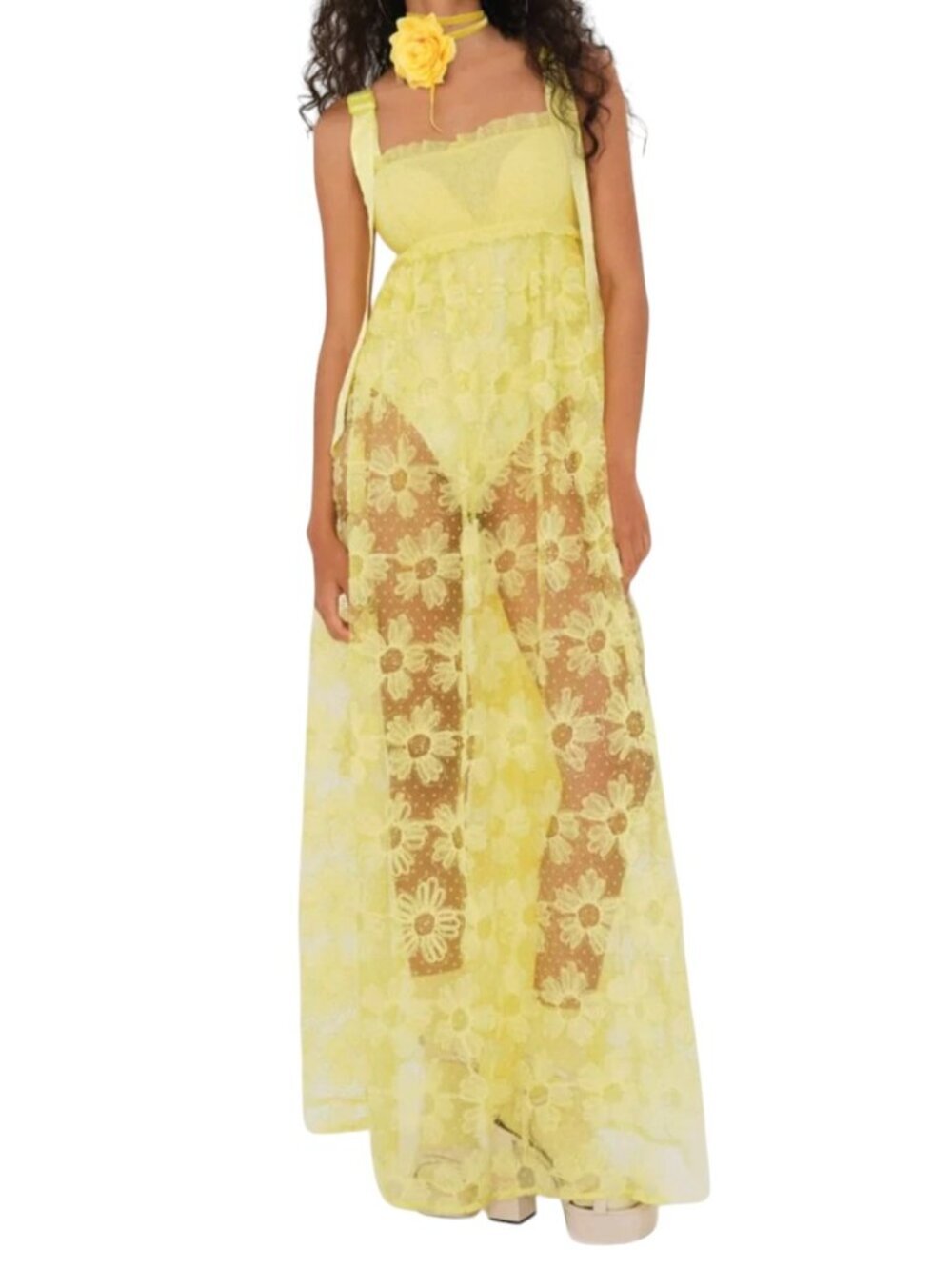 For Love & Lemons Emma Maxi Dress Lace Bodysuit Yellow NWT XS